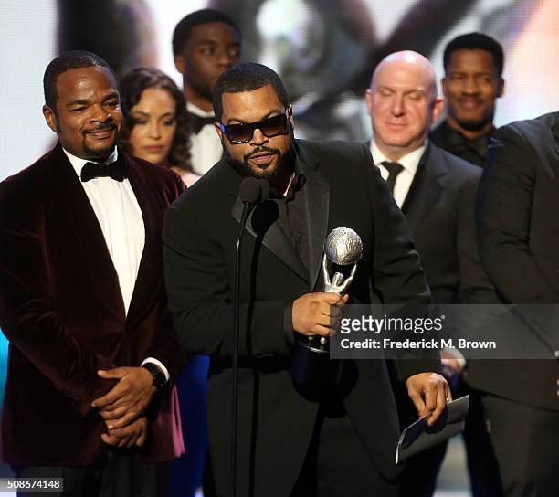Hip-hop artist Ice Cube and O'Shea Jackson Jr. Accept award for Outstanding Motion Picture for 'Straight Outta Compton' onstage during the 47th NAACP...