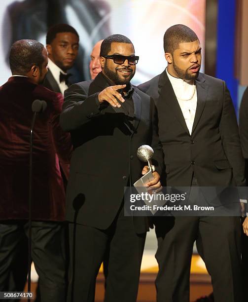 Hip-hop artist Ice Cube and O'Shea Jackson Jr. Accept award for Outstanding Motion Picture for 'Straight Outta Compton' onstage during the 47th NAACP...
