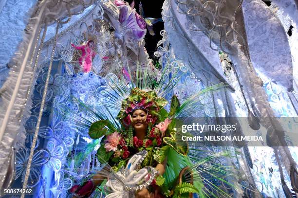 Revelers of the Aguia de Ouro samba school perform during the first night of the carnival parade at the Sambadrome in Sao Paulo, Brazil, on February...