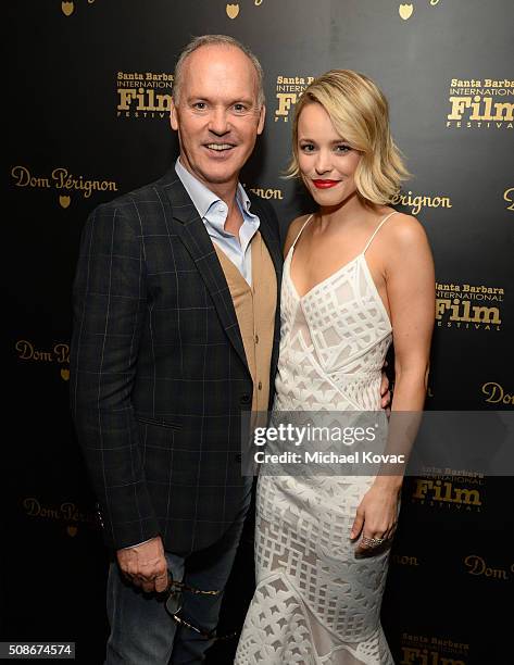 Actors Michael Keaton and Rachel McAdams visit the Dom Perignon Lounge before receiving the American Riviera Award at The Santa Barbara International...