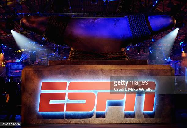 View of the logo during ESPN The Party on February 5, 2016 in San Francisco, California.