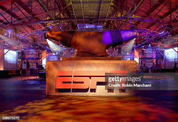View of the logo during ESPN The Party on February 5, 2016 in San Francisco, California.
