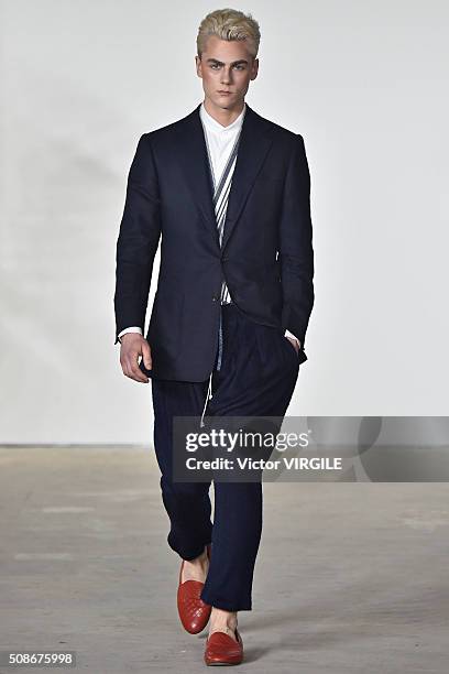 Model walks the runway during the Palmiers du Mal fashion show during New York Fashion Week Men's Fall/Winter 2016 on February 3, 2016 in New York...