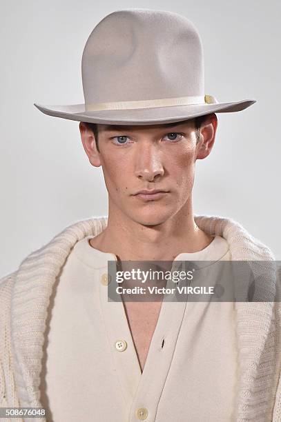 Model walks the runway during the Palmiers du Mal fashion show during New York Fashion Week Men's Fall/Winter 2016 on February 3, 2016 in New York...