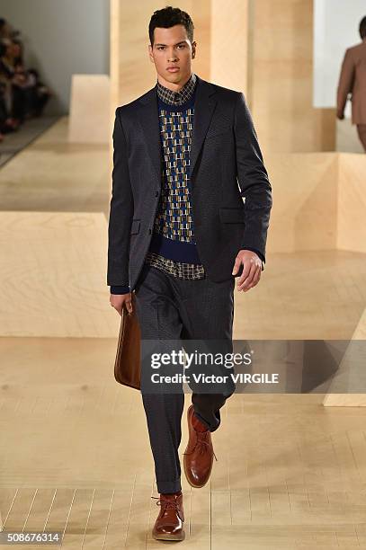 Model walks the runway during the Perry Ellis fashion show during New York Fashion Week Men's Fall/Winter 2016 on February 3, 2016 in New York City.
