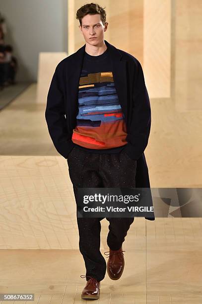 Model walks the runway during the Perry Ellis fashion show during New York Fashion Week Men's Fall/Winter 2016 on February 3, 2016 in New York City.