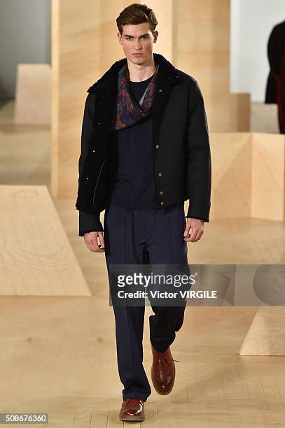 Model walks the runway during the Perry Ellis fashion show during New York Fashion Week Men's Fall/Winter 2016 on February 3, 2016 in New York City.