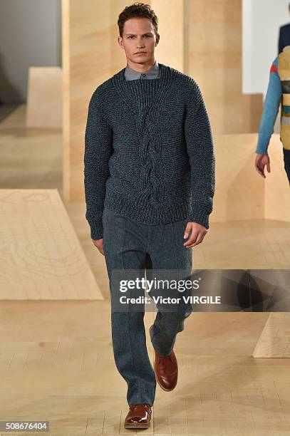 Model walks the runway during the Perry Ellis fashion show during New York Fashion Week Men's Fall/Winter 2016 on February 3, 2016 in New York City.