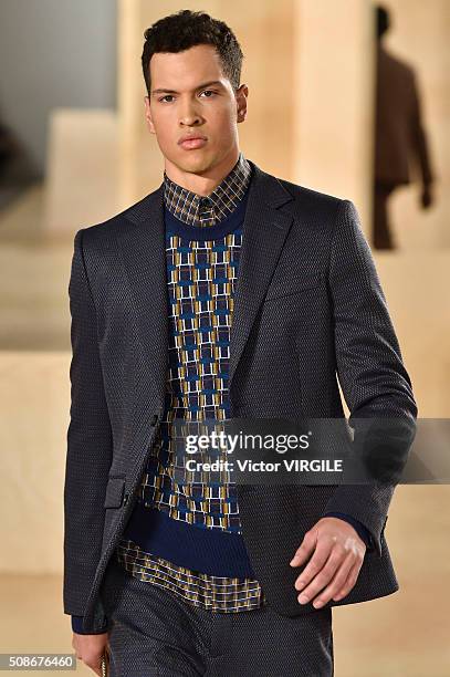 Model walks the runway during the Perry Ellis fashion show during New York Fashion Week Men's Fall/Winter 2016 on February 3, 2016 in New York City.