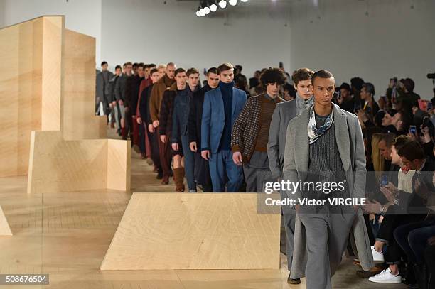 Model walks the runway during the Perry Ellis fashion show during New York Fashion Week Men's Fall/Winter 2016 on February 3, 2016 in New York City.