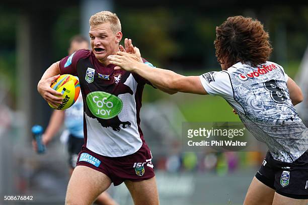 Tom Trbojevic of the Sea Eagles is tackled during the 2016 Auckland Nines match between the New Zealand Warriors and the Manly Sea Eagles at Eden...
