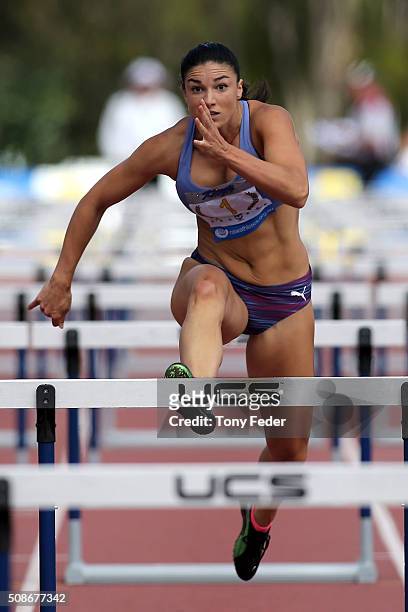 Michelle Jenneke of NSW competes in the womens 100 m hurdles during the IPC Athletics Grand Prix on February 6, 2016 in Canberra, Australia.