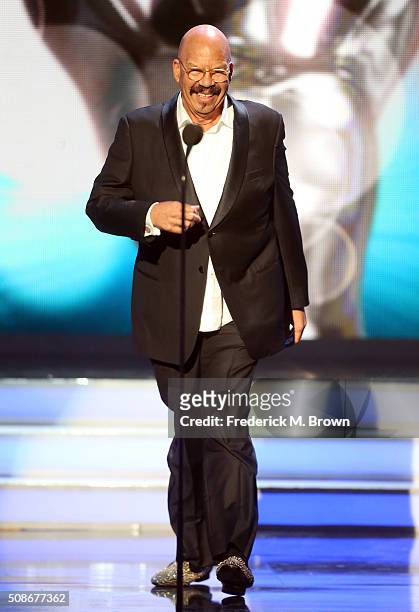 Broadcaster Tom Joyner speaks onstage during the 47th NAACP Image Awards presented by TV One at Pasadena Civic Auditorium on February 5, 2016 in...