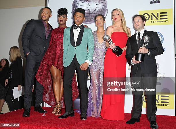 Actors Trai Byers,Ta'Rhonda Jones, Bryshere Y. Gray aka Yazz, Grace Gealey, Kaitlin Doubleday and Danny Strong pose with the Outstanding Drama Series...