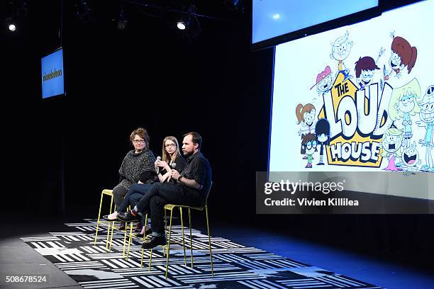 Producer Karen Malach, writer Karla Sakas Shropshire and executive producer Chris Savino speak during "The Loud House" event presented by Nickelodeon...