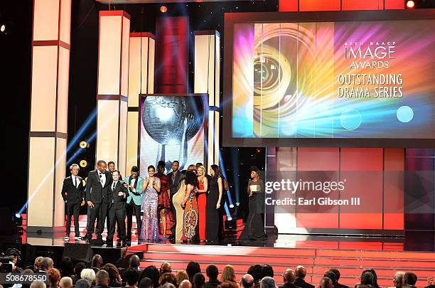 The cast and crew of "Empire" accept the Outstanding Drama Series award onstage during the 47th NAACP Image Awards presented by TV One at Pasadena...