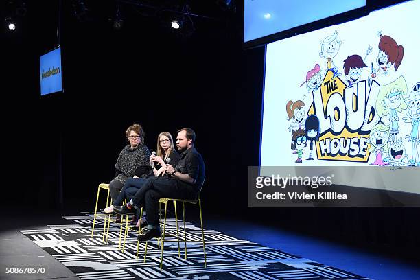 Producer Karen Malach, writer Karla Sakas Shropshire and executive producer Chris Savino speak during "The Loud House" event presented by Nickelodeon...