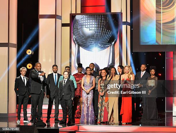 The cast and crew of "Empire" accept the Outstanding Drama Series award onstage during the 47th NAACP Image Awards presented by TV One at Pasadena...