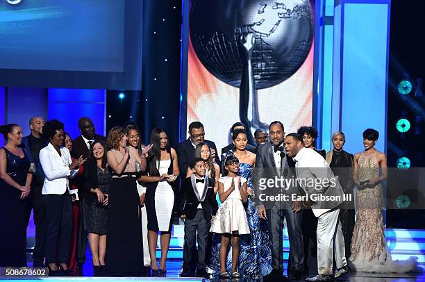 The cast and crew of "Black-ish" accept the Outstanding Comedy Series award onstage during the 47th NAACP Image Awards presented by TV One at...