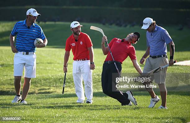 Bernd Wiesberger of Austria, Andy Sullivan of England, Thomas Pieters of Belgium and Peter Uihlein of the USA take part in the All Sports Challenge...