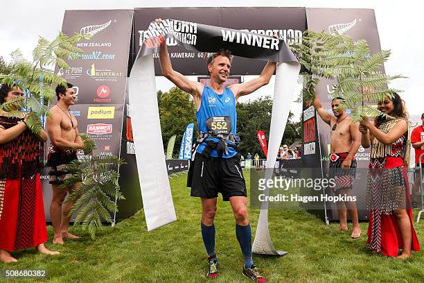 Jonas Buud of Sweden celebrates after winning the Tarawera Ultramarathon on February 6, 2016 in Rotorua, New Zealand.