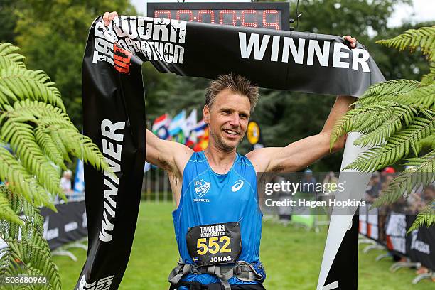 Jonas Buud of Sweden celebrates after winning the Tarawera Ultramarathon on February 6, 2016 in Rotorua, New Zealand.