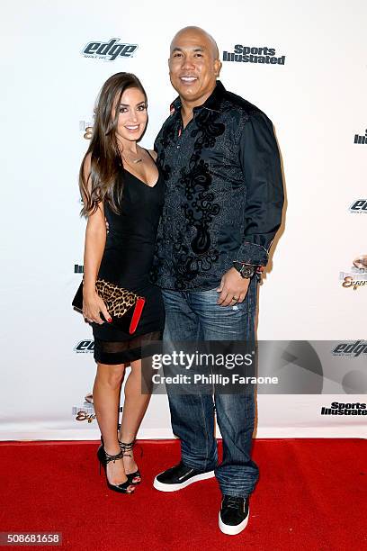 Former NFL player Hines Ward and Lindsey Georgalas-Ward attend the Sports Illustrated Experience Friday Night Party on February 5, 2016 in San...