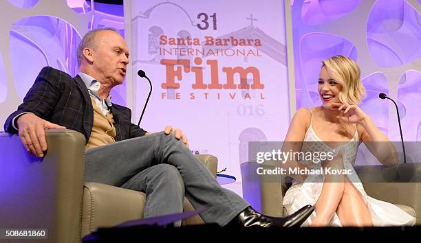 Actors Michael Keaton and Rachel McAdams present onstage at The Santa Barbara International Film Festival on February 5, 2016 in Santa Barbara,...