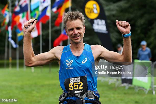 Jonas Buud of Sweden celebrates after winning the Tarawera Ultramarathon on February 6, 2016 in Rotorua, New Zealand.