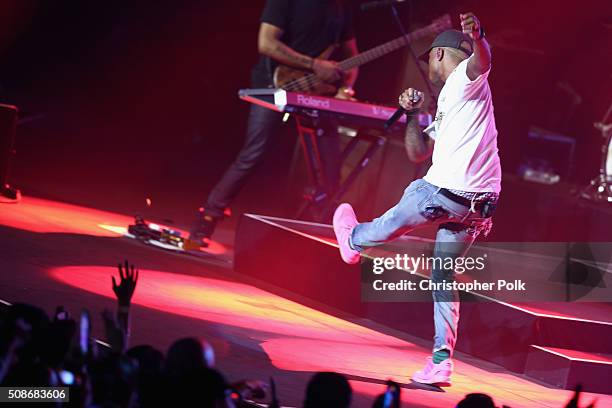 Winning artist Pharrell performs following the 2015 Pepsi Rookie of the Year Award Ceremony at the 2015 Pepsi Rookie of the Year Award Ceremony at...