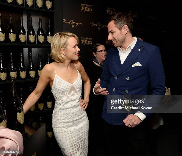 Actress Rachel McAdams and Dom Perignon Brand Director Richard Beaumont visit the Dom Perignon Lounge before receiving the American Riviera Award at...