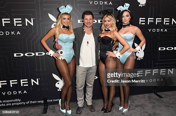 Playmate Monica Sims, Tv personality/recording artist Nick Lachey, playmates Heather Rae Young and Alexandra Tyler arrive at The Playboy Party during...