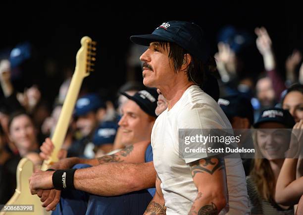 Musician Anthony Kiedis of the Red Hot Chili Peppers performs onstage during the "Feel the Bern" fundraiser for Presidental candidate Bernie Sanders...