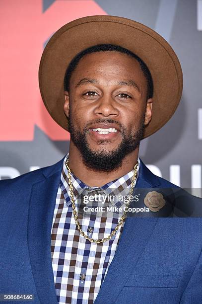 Player Taiwan Jones attends Bleacher Reports Bleacher Ball presented by go90 at The Mezzanine prior to Sundays big game on February 5, 2016 in...