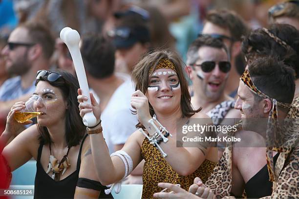 Members of the crowd in fancy dress enjoy the atmosphere during the 2016 Sydney Sevens at Allianz Stadium on February 6, 2016 in Sydney, Australia.