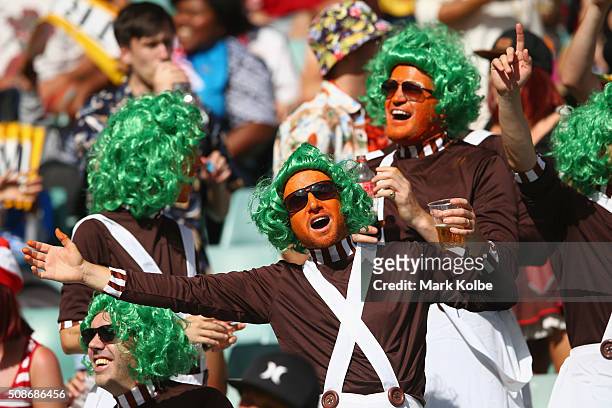 Members of the crowd in fancy dress enjoy the atmosphere during the 2016 Sydney Sevens at Allianz Stadium on February 6, 2016 in Sydney, Australia.