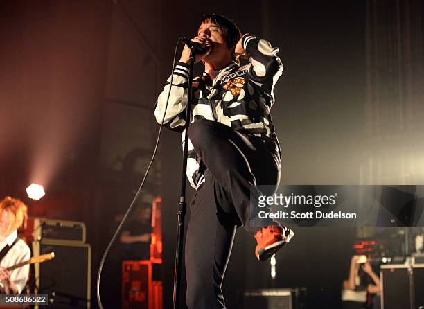 Musician Anthony Kiedis of the Red Hot Chili Peppers performs onstage during the "Feel the Bern" fundraiser for Presidential candidate Bernie Sanders...