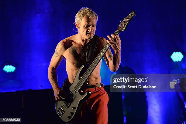 Musician Flea of the Red Hot Chili Peppers performs onstage during the "Feel the Bern" fundraiser for Presidential candidate Bernie Sanders at Ace...