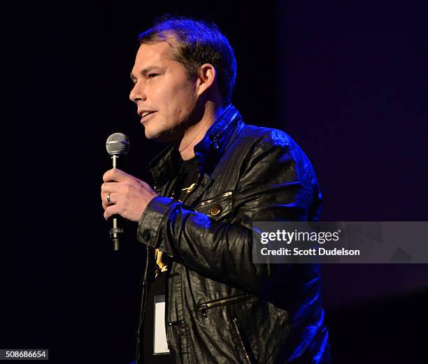 Artist Shepard Fairey speaks onstage during the "Feel the Bern" fundraiser for Presidental candidate Bernie Sanders at Ace Theater Downtown LA on...