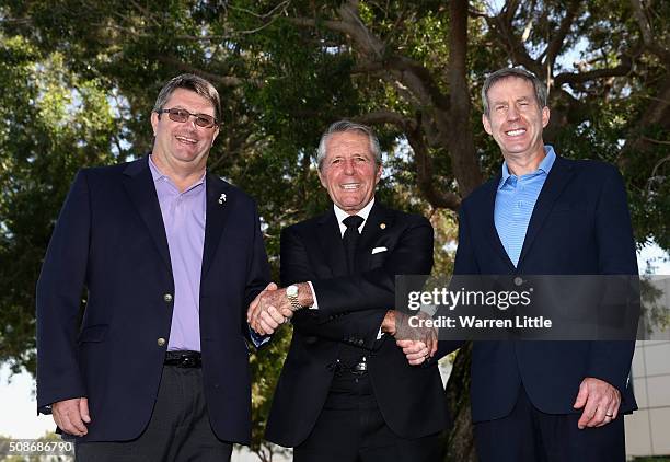 Grant Wilson, Chief Executive Officer Sunshine Tour, Gary Player of South Africa and Keith Waters, Chief Executive Officer European Tour pose for a...