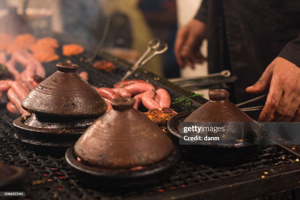 Selection of very colorful Moroccan tajines (traditional casserole dishes)