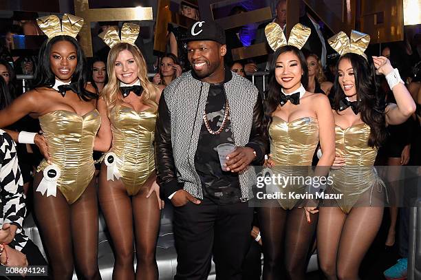 Rapper and entrepreneur 50 Cent arrives at the The Playboy Party during Super Bowl Weekend with Playboy Playmates Eugena Washington, Carly Lauren,...