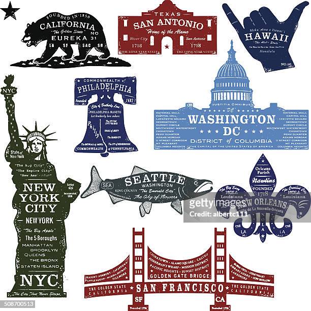 american landmark stamps - california v washington stock illustrations
