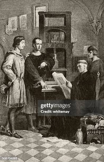 ilustraciones, imágenes clip art, dibujos animados e iconos de stock de william caxton muestra impresión de pruebas al abbot de westminster - abadía