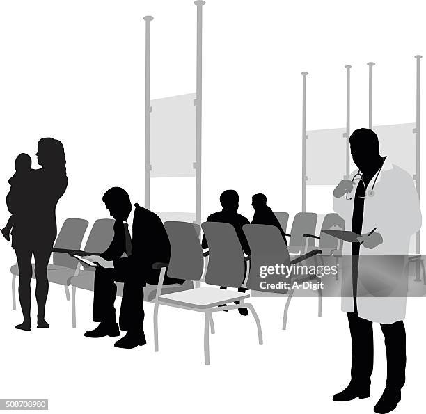 hospital waiting room and patients - doctor reading stock illustrations