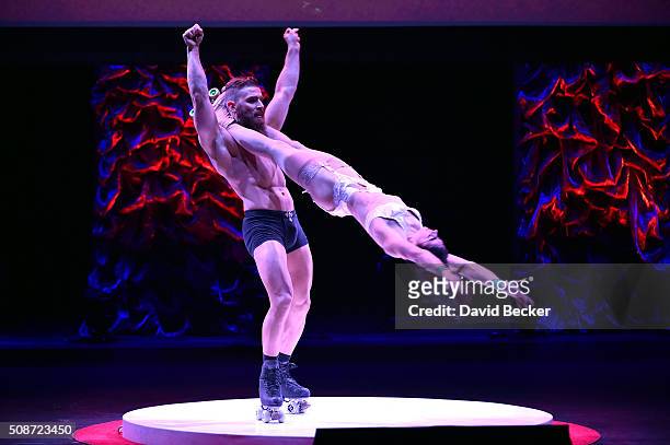 Absinthe cast members Billy England and his sister, Emily England, perform at the eighth annual Fighters Only World Mixed Martial Arts Awards at The...