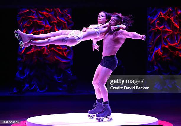 Absinthe cast members Billy England and his sister, Emily England, perform at the eighth annual Fighters Only World Mixed Martial Arts Awards at The...