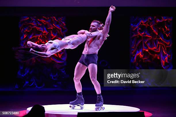 Absinthe cast members Billy England and his sister, Emily England, perform at the eighth annual Fighters Only World Mixed Martial Arts Awards at The...