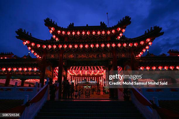 General view of the Thean Hou temple with lanterns decorated ahead of Lunar New Year of the monkey celebrations on February 6, 2016 in Kuala Lumpur,...