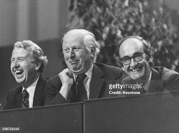 Conservative Party politicians John Wott, Jim Prior and Peter Walker sharing a joke on stage at the Tory Party Conference, 1980.